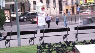 A young adorable cunt with mouth with two friends outside street sex three-way gang bang by a world famous statue at the central square fucking her small soak snatch inside turn and shove their huge rough dicks into her deep throat oral erotic risky adven