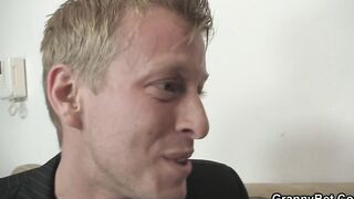 Older bushy twat on his young dick