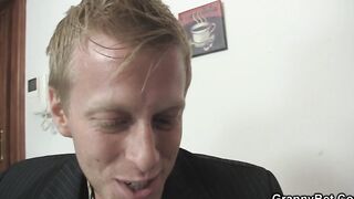 Older bushy twat on his young dick