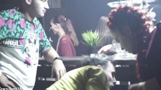Nude woman inside the club with bodyart. Prank