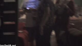 Nude woman inside the club with bodyart. Prank