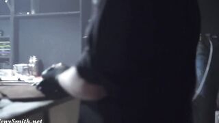 Nude woman inside the club with bodyart. Prank