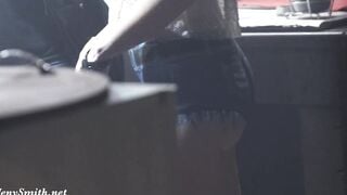 Nude woman inside the club with bodyart. Prank