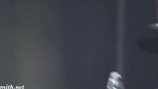 Nude woman inside the club with bodyart. Prank