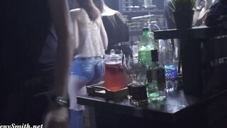 Nude woman inside the club with bodyart. Prank