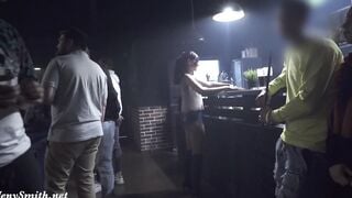 Nude woman inside the club with bodyart. Prank