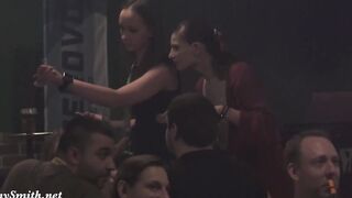Nude woman inside the club with bodyart. Prank