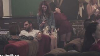 Nude woman inside the club with bodyart. Prank