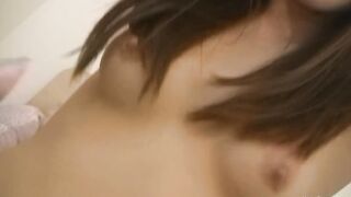 Slim dark haired with little perky boobs grinds her vagina on his cock