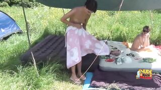 Nude nudists from Russia are resting outside