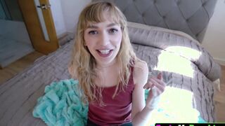 Enjoying step-daughter Mackenzie Moss blows her stepdad's dick to relieve his stress.