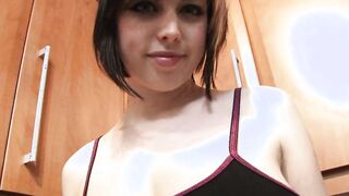 Young beauty shows off her bouncy breasts and adorable butt into the bedroom