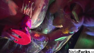 African-light babes Nadia White and Ophelia suck off a colorful dick