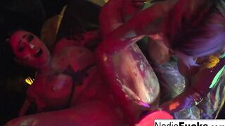 African-light babes Nadia White and Ophelia suck off a colorful dick