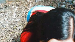 Risky passionate oral sex inside nature public.