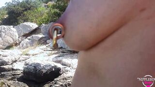 nippleringlover crazy mother intense pierced nipples and twat, changingnipple rings at outside beach