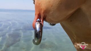 nippleringlover freaky cougar intense pierced nipples and twat, changing nipple rings at outdoor beach