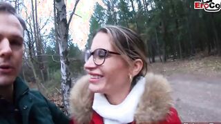 Cumshot outdoors into forest with german amateur cougar glasses