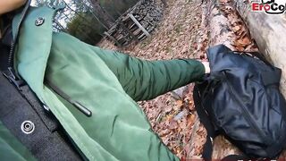 Cumshot outdoors into forest with german amateur cougar glasses