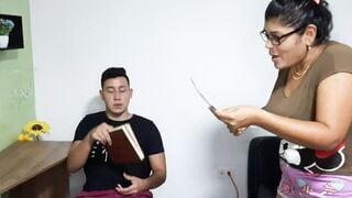 My stepmother is angry with my expenses, I make her happy by letting her offer me a lovely fellatio.