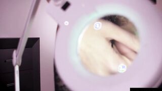 Gigantic-titties Hottie studies her hairy twat with a magnifying glass