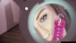 Gigantic-titties Hottie studies her hairy twat with a magnifying glass