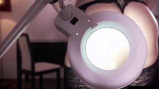 Gigantic-titties Hottie studies her hairy twat with a magnifying glass