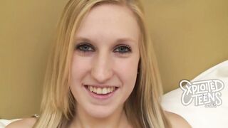 Skinny 18 yo yr old blonde with nice melons sucks a
