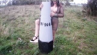 Flashing, masturbating and pee inside a outdoor place into fishnet outfit