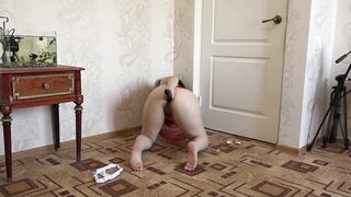 Anal orgasm Doggy style Dark Hair with a banana and a huge ebony toy fucks her asshole and masturbates her bushy twat Private bdsm