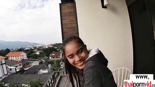Thin tattooed amateur Thai teens Cherry testing the bed inside a hotel