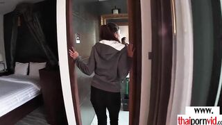 Thin tattooed amateur Thai teens Cherry testing the bed inside a hotel