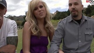 Tall blonde with natural jugs lets her cuckold husband view her during