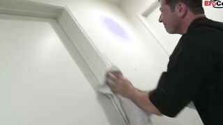 Blonde college cunt with mouth with natural tits fucks with the cleaning guy