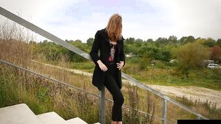 Cute barely legal pulls down her jeans and masturbates into a outside place