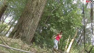 Petite milf make 3-way mmf inside forest with cum inside