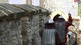 Skinny dark haired in leather boots getting pounded in a Gang Bang