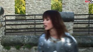 Skinny dark haired in leather boots getting pounded in a Gang Bang