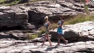 Outdoors lesbo sex with a huge tit blonde and a dark hair thot