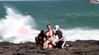 Huge Boobed blonde hoe in an interracial outdoor anal three way