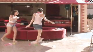 Outdoors lesbian three way with a double sex toy and teenagers yo
