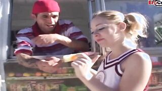 Blonde 19 yo pounded! into a car until the jizzed into her face