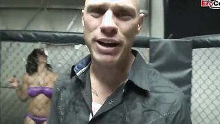 Dark Haired skank with gigantic titties fucking a boxer in the