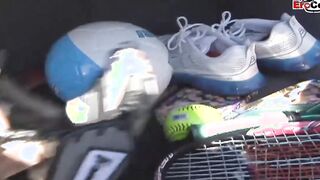 Sporty 18yo blonde Women pick up at the tennis court
