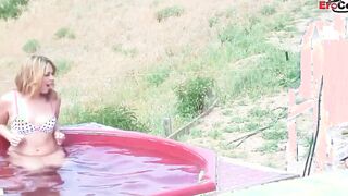Outdoors sex at the terrace with a blonde with small