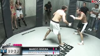 Slender tattooed blonde with small jugs fucks in a boxingring