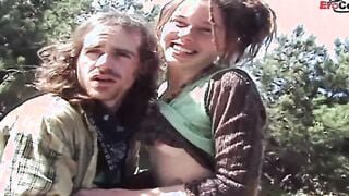 Skinny dark haired tattooed snatch with mouth outdoor with her boyfriend