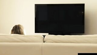 Filthy Cutie blonde tears off the plastic wrap encasing her dripping twat