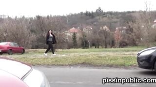 Desperate girls find a hideaway inside a busy city to squat down and peeing