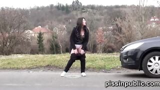 Desperate girls find a hideaway inside a busy city to squat down and peeing